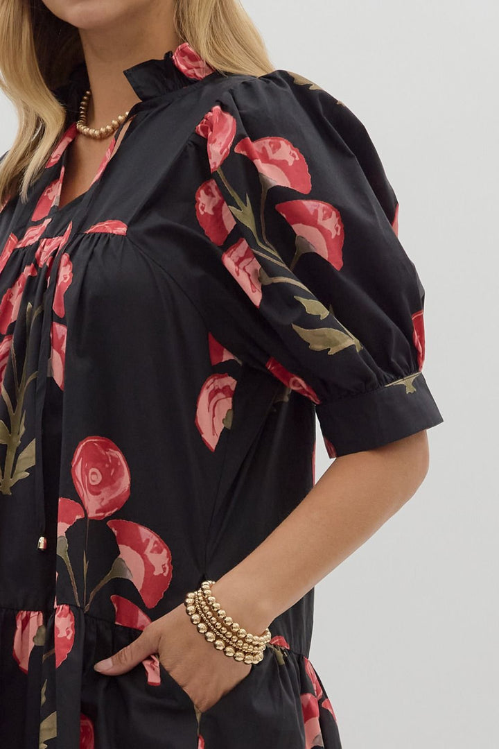 Floral Puff Sleeve Mini Dress W/Ruffle Hem - Lush Lemon - Women's Clothing - Entro - 73044491005757