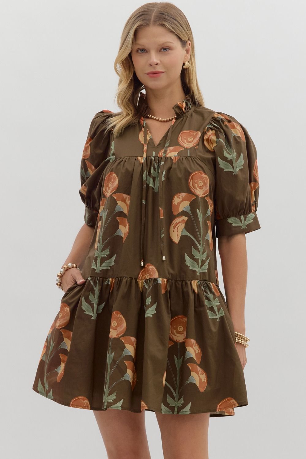 Floral Puff Sleeve Mini Dress W/Ruffle Hem - Lush Lemon - Women's Clothing - Entro - 73044491005757