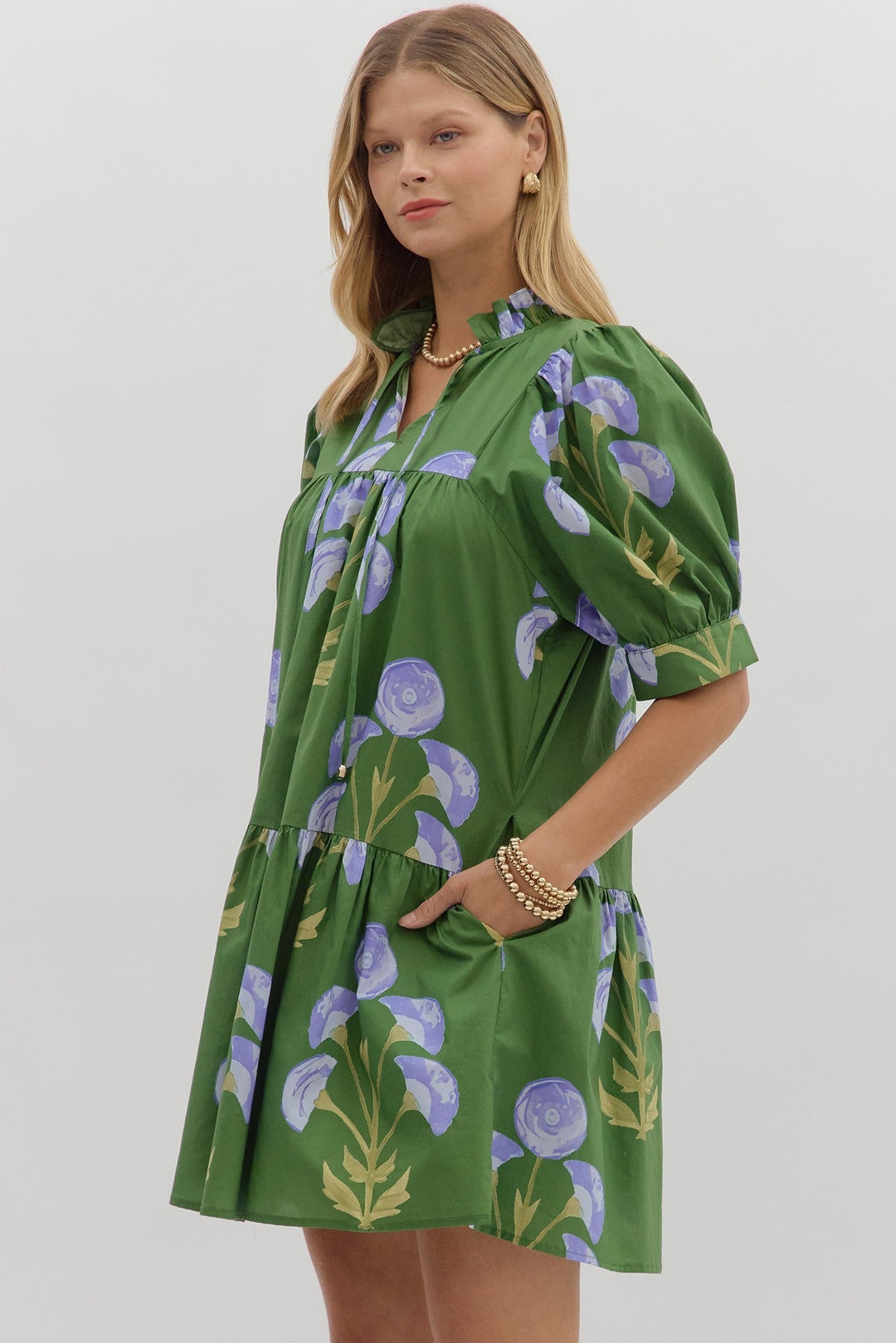 Floral Puff Sleeve Mini Dress W/Ruffle Hem - Lush Lemon - Women's Clothing - Entro - 97798611323005