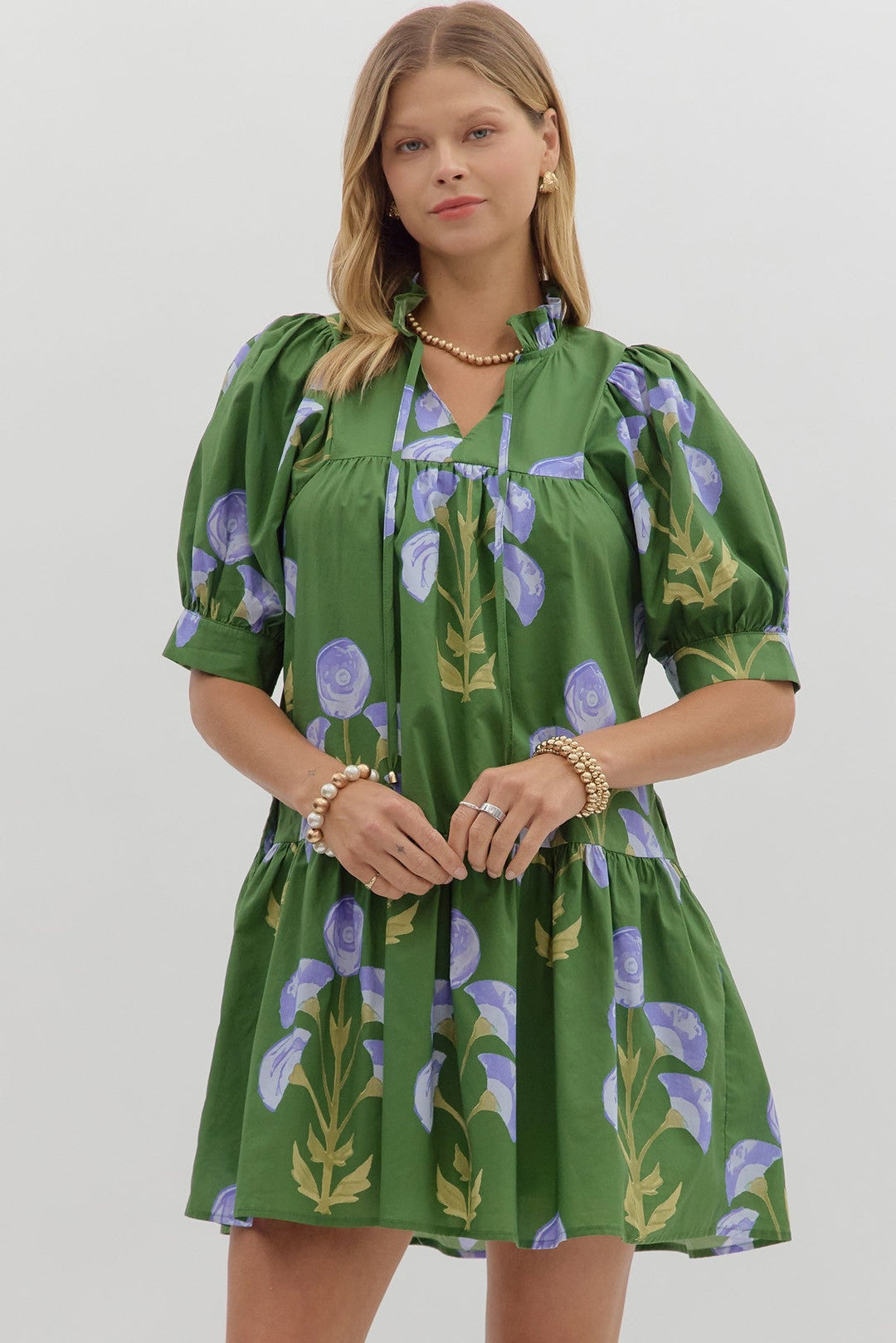 Floral Puff Sleeve Mini Dress W/Ruffle Hem - Lush Lemon - Women's Clothing - Entro - 97798611323005