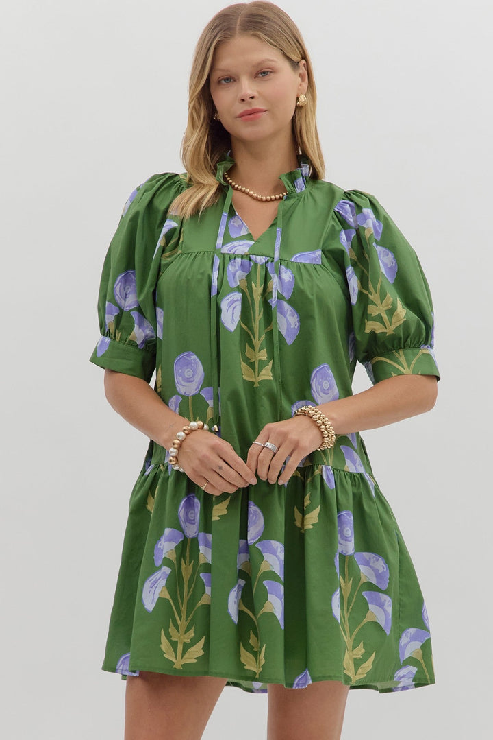 Floral Puff Sleeve Mini Dress W/Ruffle Hem - Lush Lemon - Women's Clothing - Entro - 97798611323005