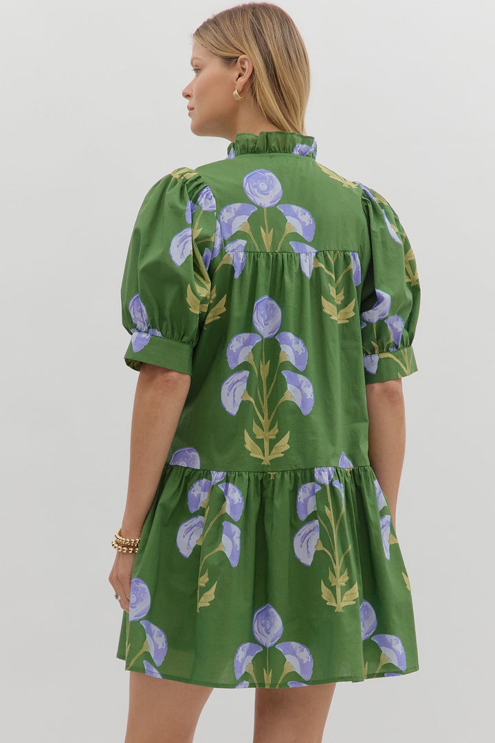 Floral Puff Sleeve Mini Dress W/Ruffle Hem - Lush Lemon - Women's Clothing - Entro - 97798611621309