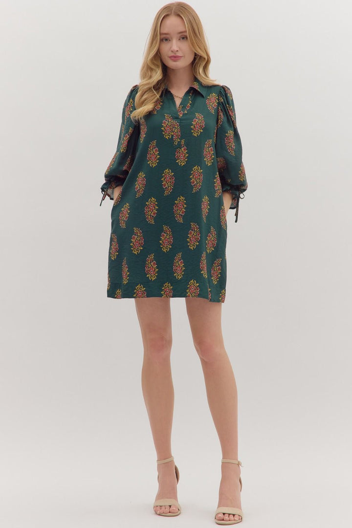 Floral Puff Sleeve Mini Dress W/Tie Back - Lush Lemon - Women's Clothing - Entro - 18871031016573