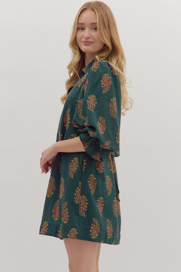 Floral Puff Sleeve Mini Dress W/Tie Back - Lush Lemon - Women's Clothing - Entro - 18871031016573
