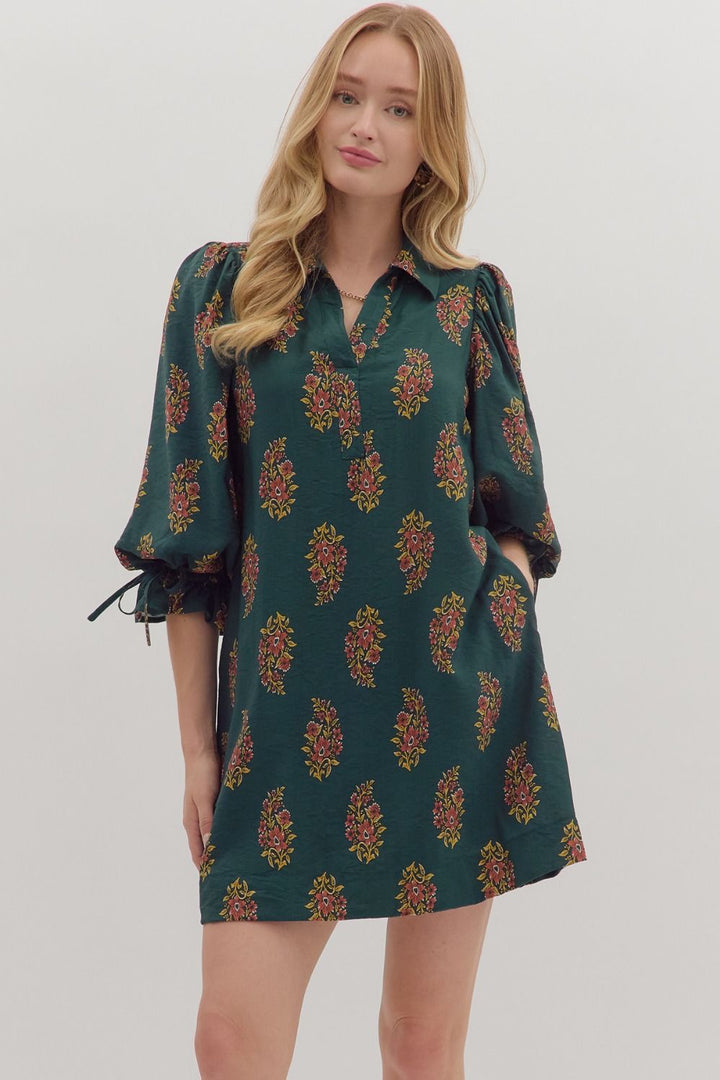 Floral Puff Sleeve Mini Dress W/Tie Back - Lush Lemon - Women's Clothing - Entro - 18871031016573