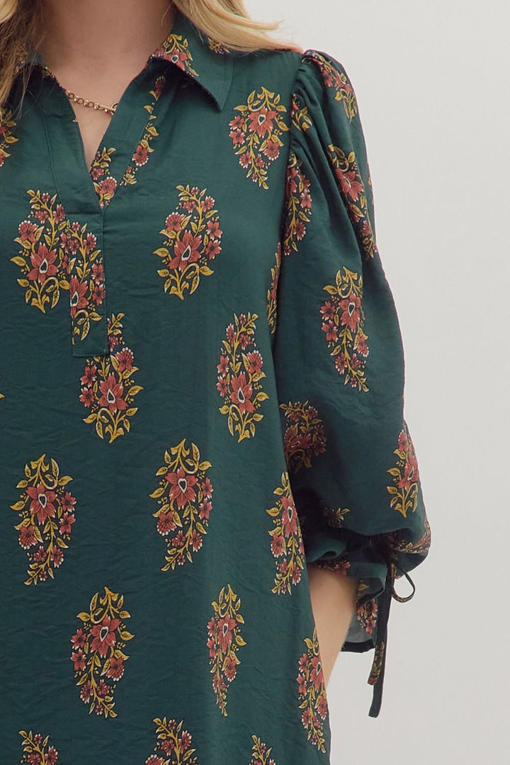 Floral Puff Sleeve Mini Dress W/Tie Back - Lush Lemon - Women's Clothing - Entro - 18871031016573