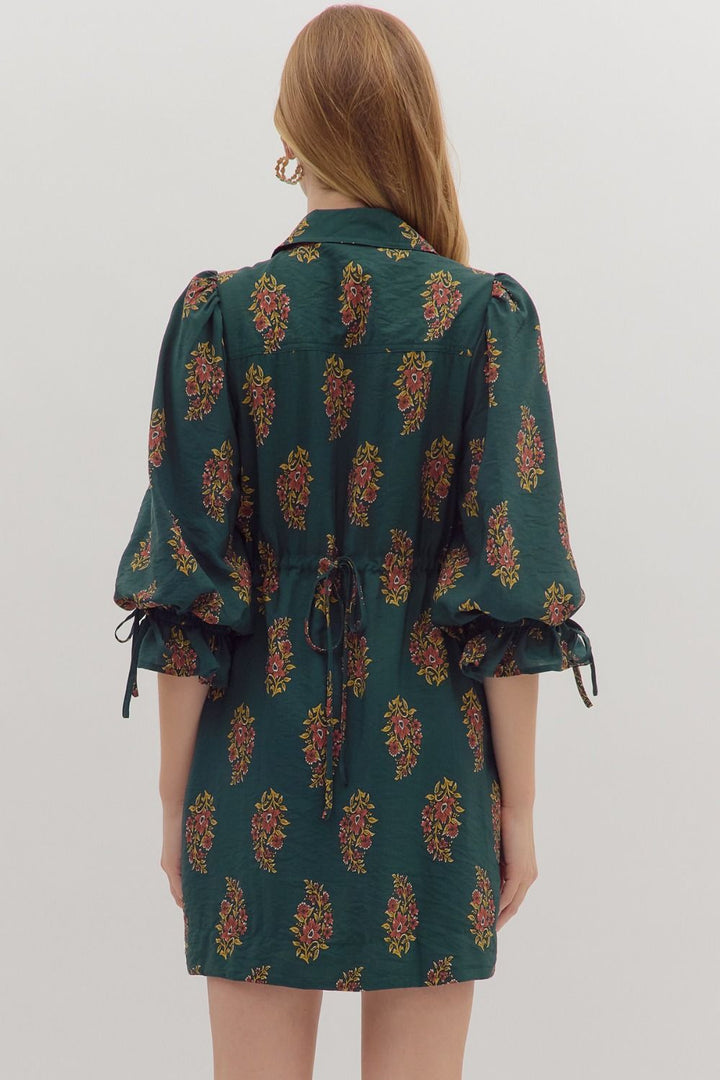 Floral Puff Sleeve Mini Dress W/Tie Back - Lush Lemon - Women's Clothing - Entro - 18871031016573