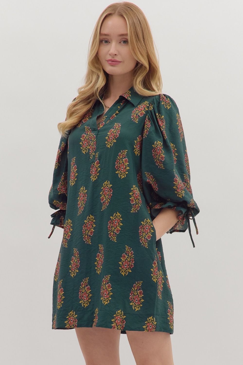 Floral Puff Sleeve Mini Dress W/Tie Back - Lush Lemon - Women's Clothing - Entro - 18871031016573