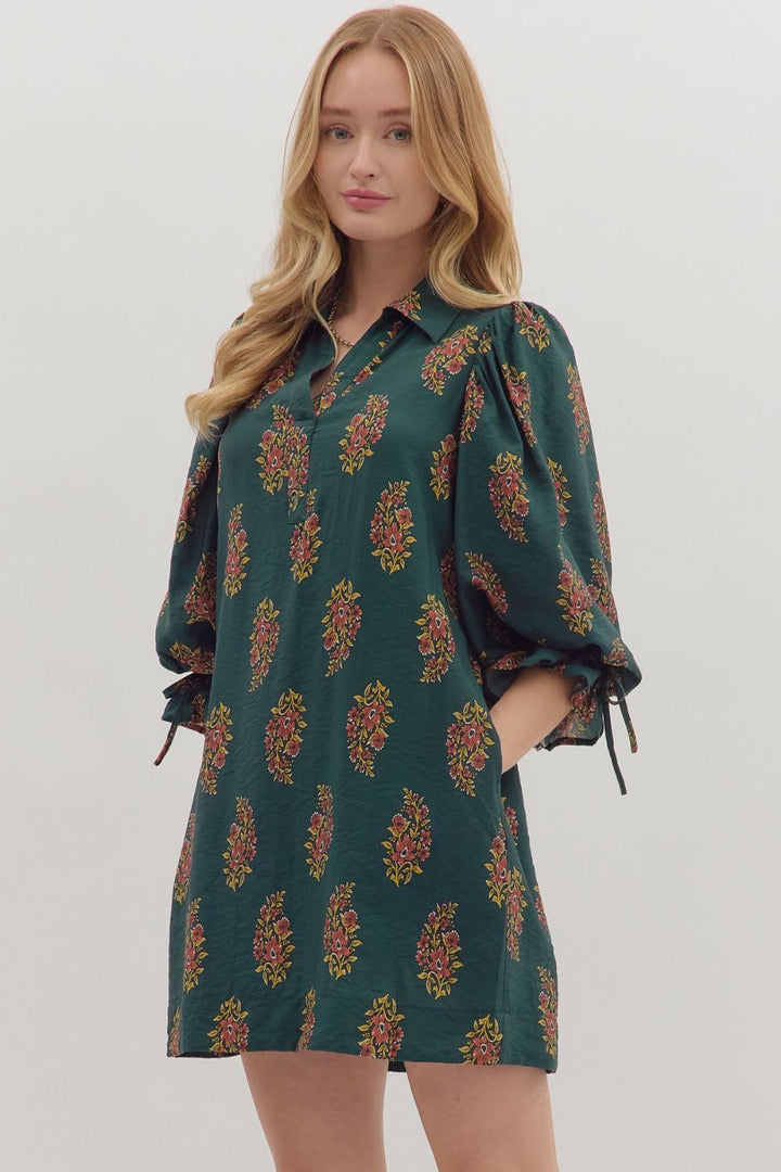 Floral Puff Sleeve Mini Dress W/Tie Back - Lush Lemon - Women's Clothing - Entro - 18871031016573