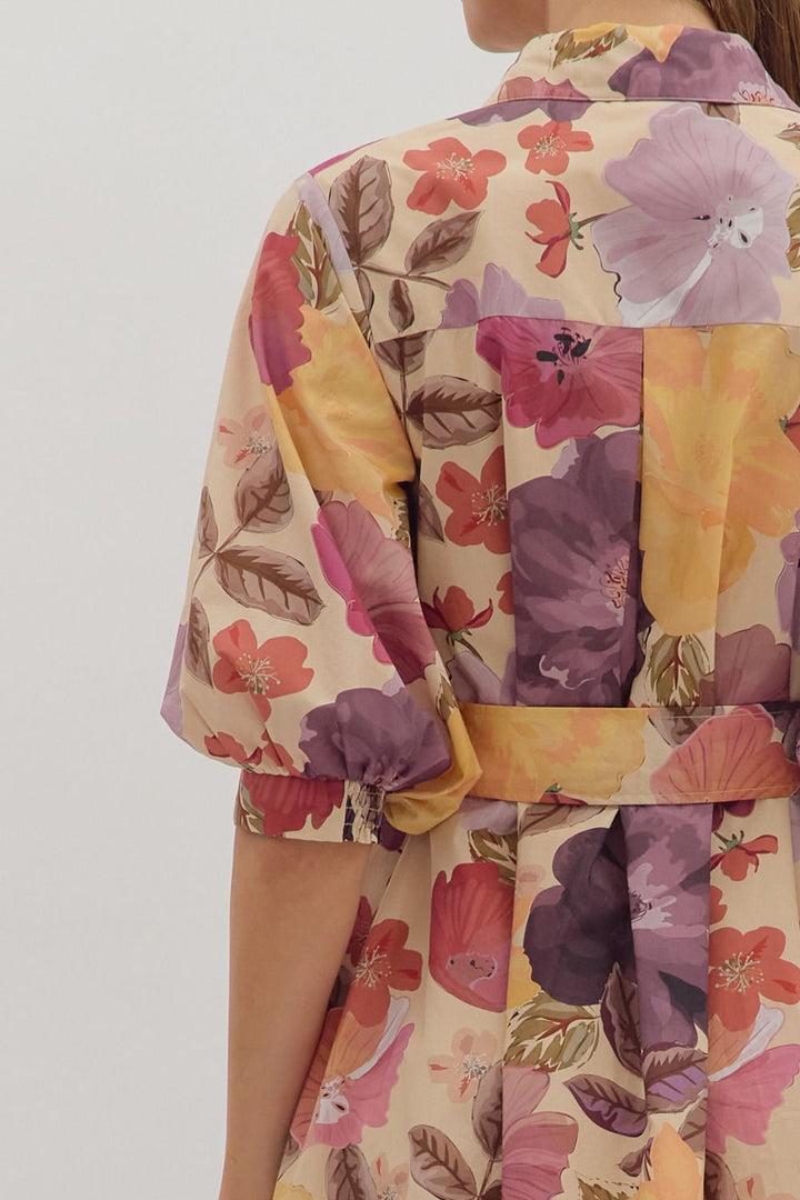 Floral Puff Sleeve Mini Shirt Dress - Lush Lemon - Women's Clothing - Entro - 34513221023741