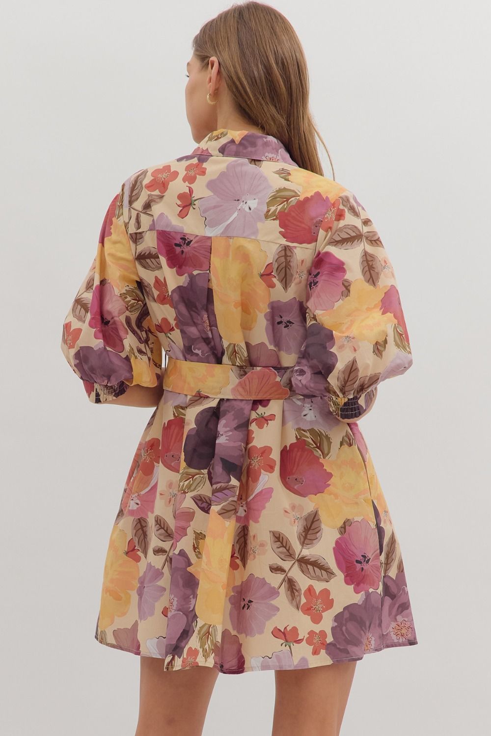 Floral Puff Sleeve Mini Shirt Dress - Lush Lemon - Women's Clothing - Entro - 34513221023741