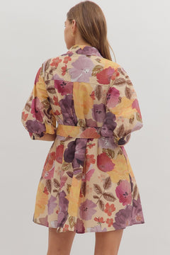 Floral Puff Sleeve Mini Shirt Dress - Lush Lemon - Women&