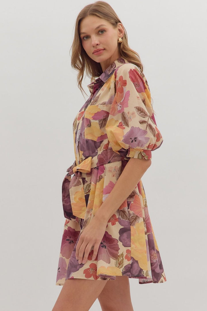 Floral Puff Sleeve Mini Shirt Dress - Lush Lemon - Women's Clothing - Entro - 34513221023741