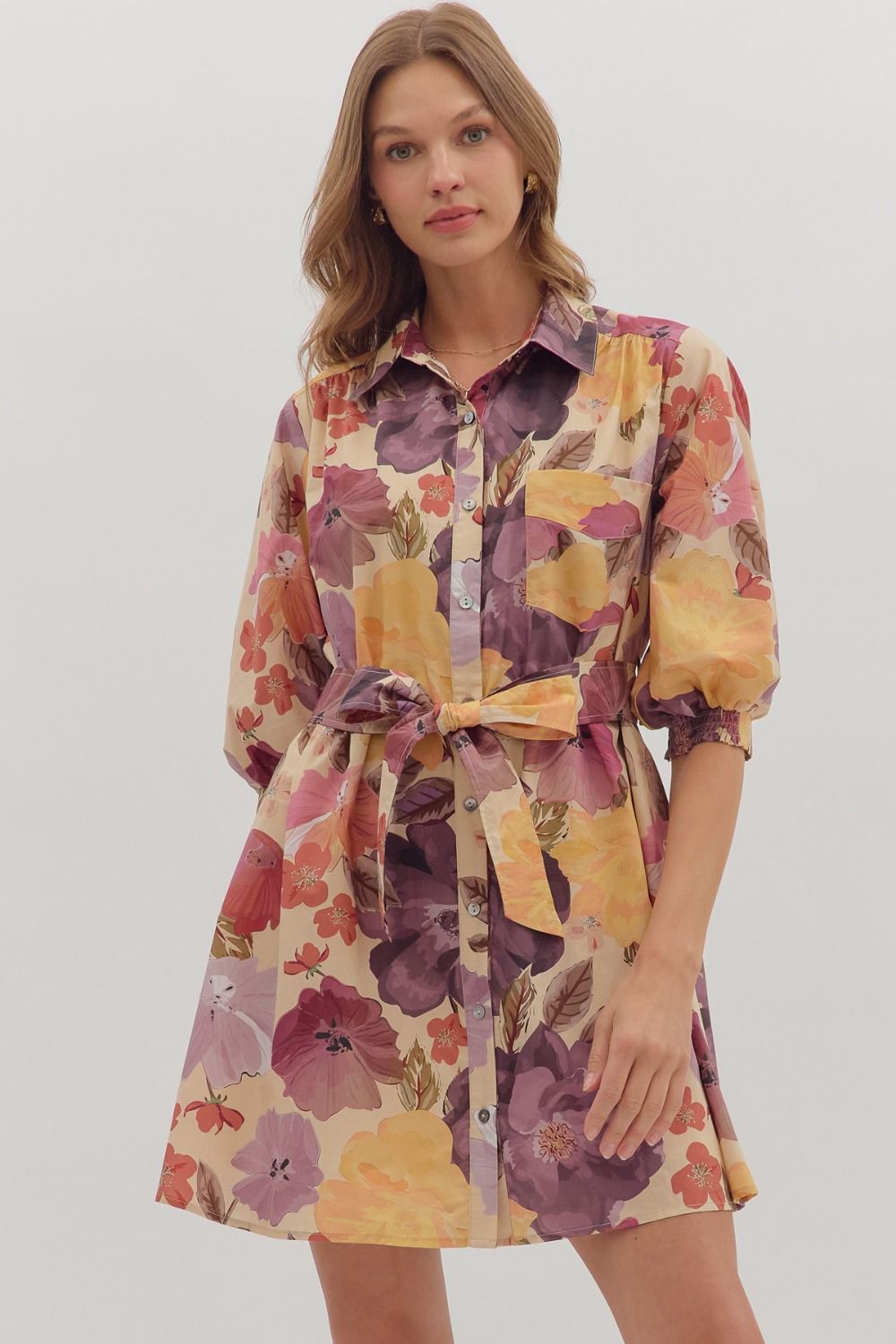 Floral Puff Sleeve Mini Shirt Dress - Lush Lemon - Women's Clothing - Entro - 34513221023741