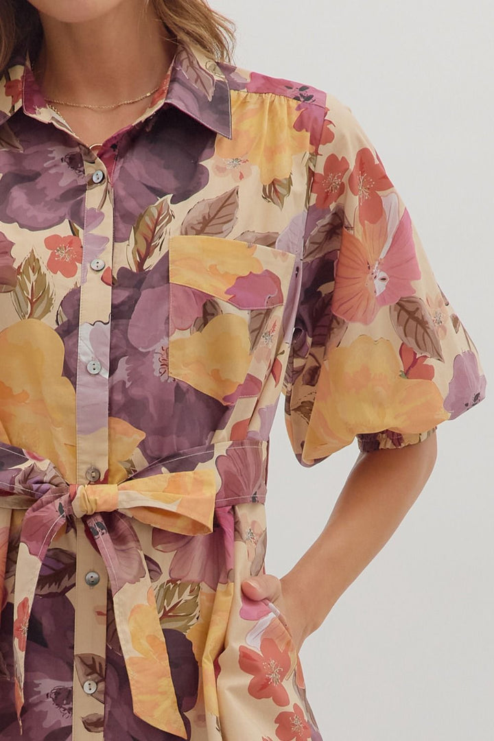 Floral Puff Sleeve Mini Shirt Dress - Lush Lemon - Women's Clothing - Entro - 34513221023741