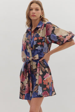 Floral Puff Sleeve Mini Shirt Dress - Lush Lemon - Women&