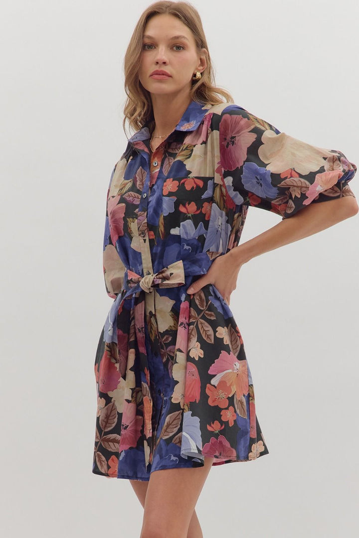 Floral Puff Sleeve Mini Shirt Dress - Lush Lemon - Women's Clothing - Entro - 34513221322045