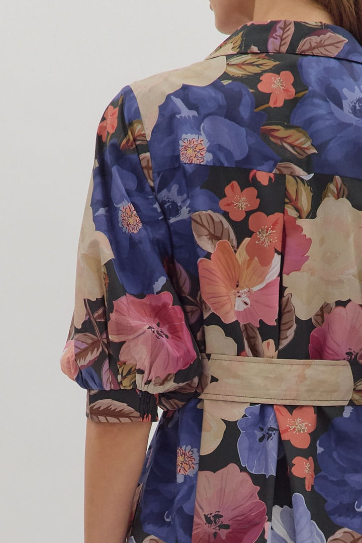 Floral Puff Sleeve Mini Shirt Dress - Lush Lemon - Women's Clothing - Entro - 34513221322045