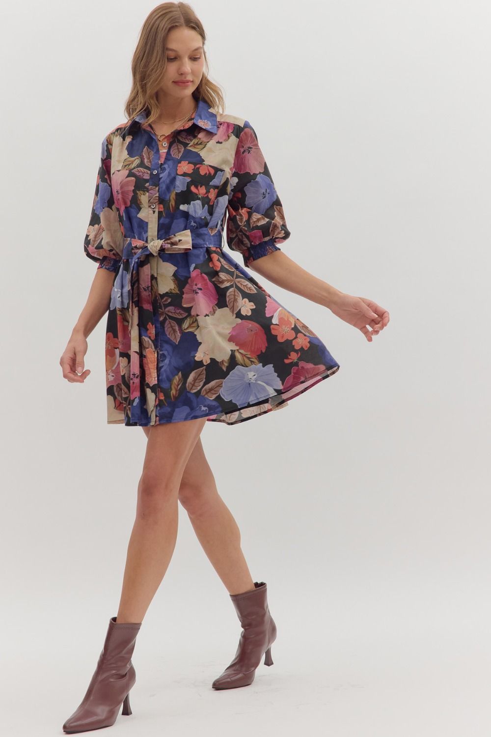 Floral Puff Sleeve Mini Shirt Dress - Lush Lemon - Women's Clothing - Entro - 34513221322045