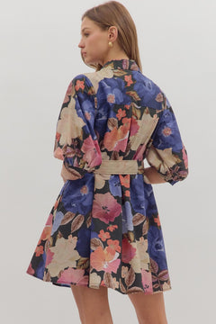 Floral Puff Sleeve Mini Shirt Dress - Lush Lemon - Women&