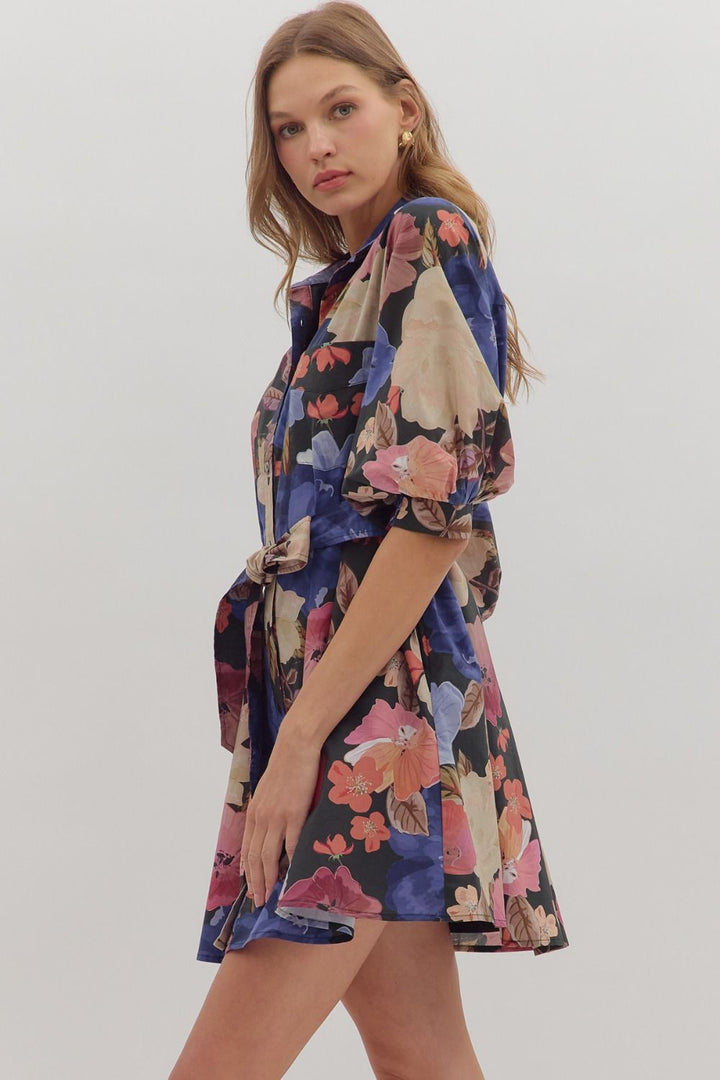Floral Puff Sleeve Mini Shirt Dress - Lush Lemon - Women's Clothing - Entro - 34513221322045