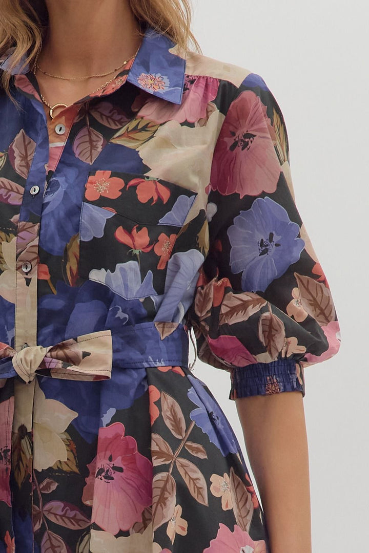 Floral Puff Sleeve Mini Shirt Dress - Lush Lemon - Women's Clothing - Entro - 34513221322045