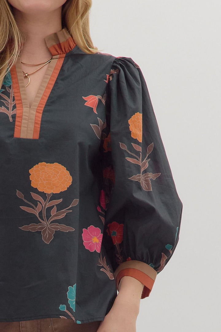 Floral Puff Sleeve Top W/Contrast Trim - Lush Lemon - Women's Clothing - Entro - 85575351053949