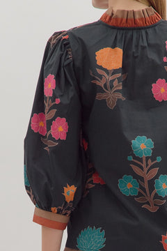Floral Puff Sleeve Top W/Contrast Trim - Lush Lemon - Women&