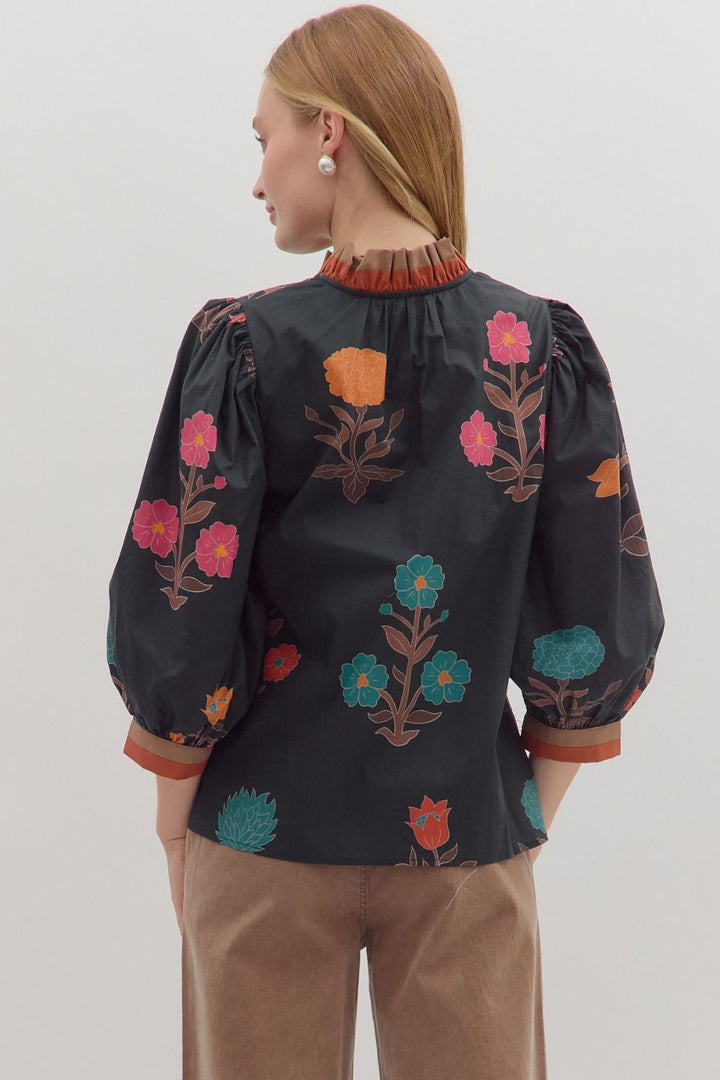 Floral Puff Sleeve Top W/Contrast Trim - Lush Lemon - Women's Clothing - Entro - 85575351053949