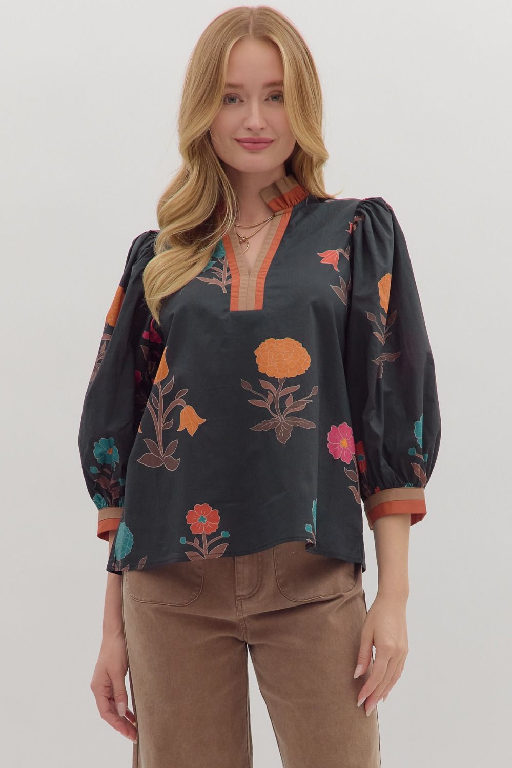 Floral Puff Sleeve Top W/Contrast Trim - Lush Lemon - Women's Clothing - Entro - 85575351053949