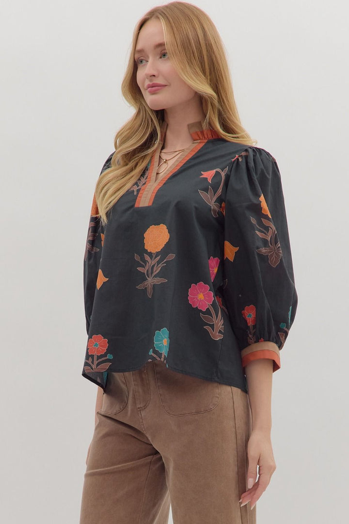 Floral Puff Sleeve Top W/Contrast Trim - Lush Lemon - Women's Clothing - Entro - 85575351053949