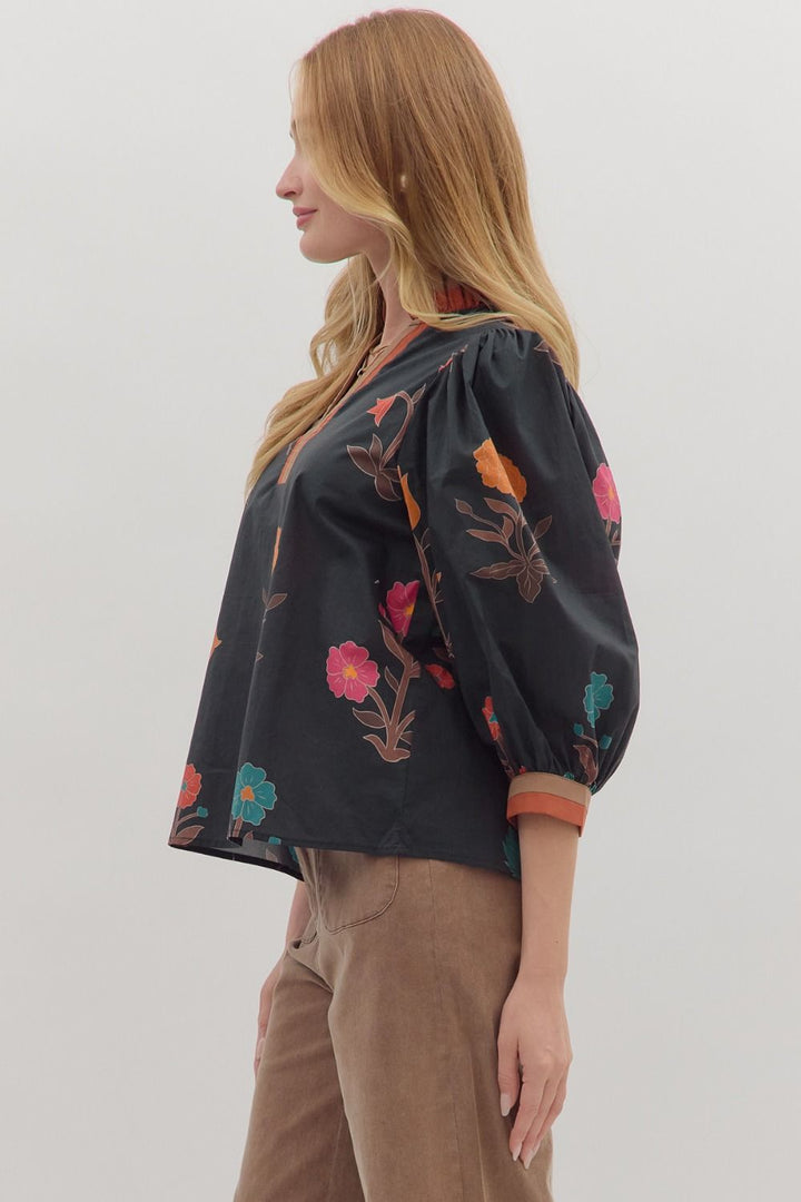 Floral Puff Sleeve Top W/Contrast Trim - Lush Lemon - Women's Clothing - Entro - 85575351053949