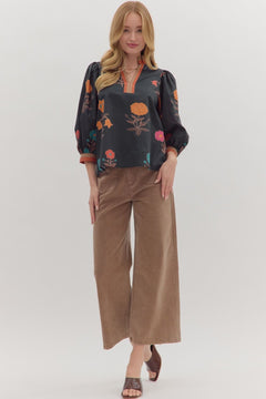 Floral Puff Sleeve Top W/Contrast Trim - Lush Lemon - Women&