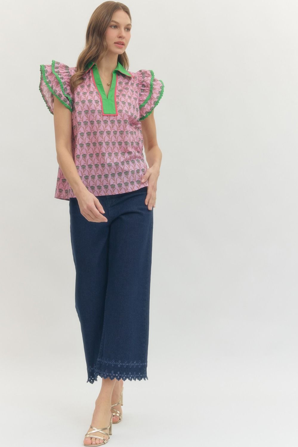 Floral Ruffle Flutter Sleeve Top W/ Contrast Collar - Lush Lemon - Women's Clothing - Entro - 91288031078589