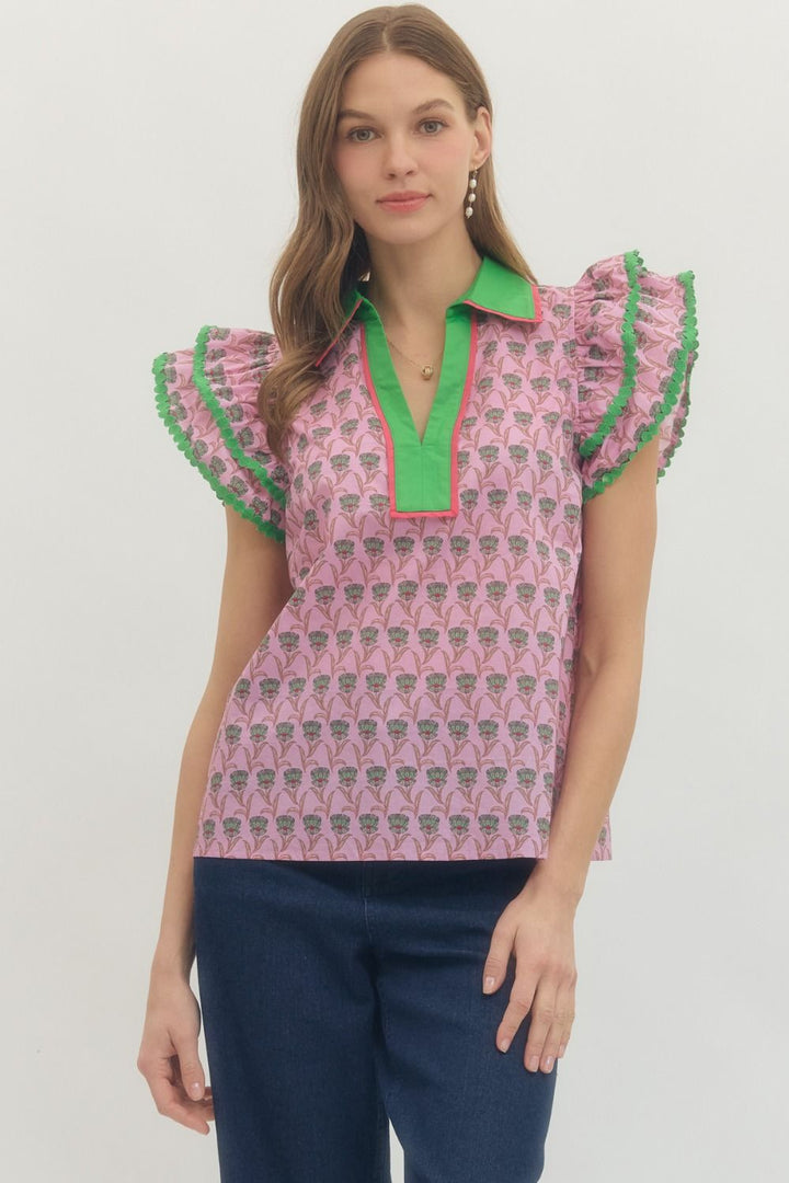 Floral Ruffle Flutter Sleeve Top W/ Contrast Collar - Lush Lemon - Women's Clothing - Entro - 91288031078589