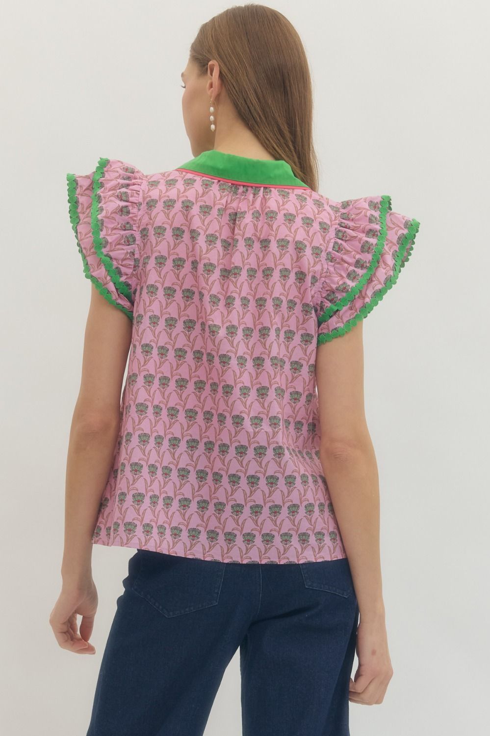 Floral Ruffle Flutter Sleeve Top W/ Contrast Collar - Lush Lemon - Women's Clothing - Entro - 91288031078589