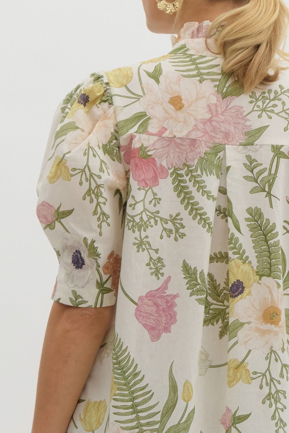Floral Ruffle Neck Button Front Top - Lush Lemon - Women's Clothing - Entro - 26978871016541