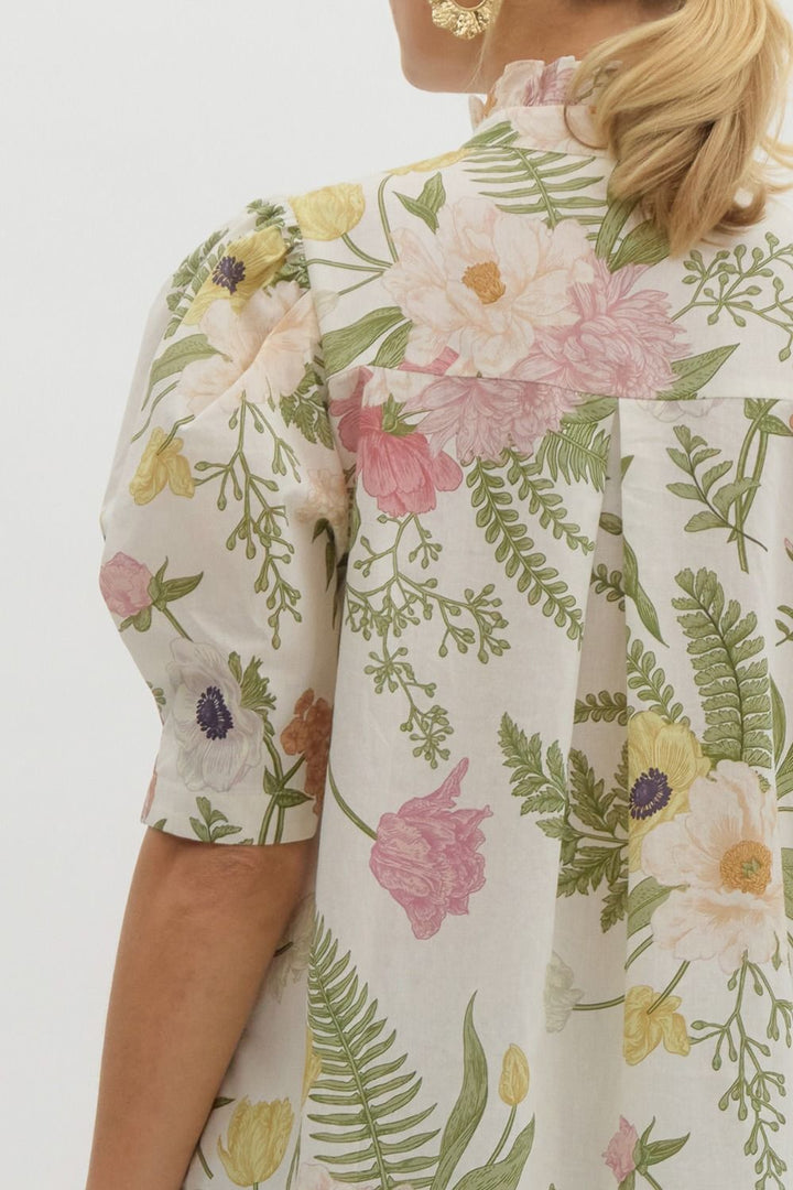 Floral Ruffle Neck Button Front Top - Lush Lemon - Women's Clothing - Entro - 26978871016541
