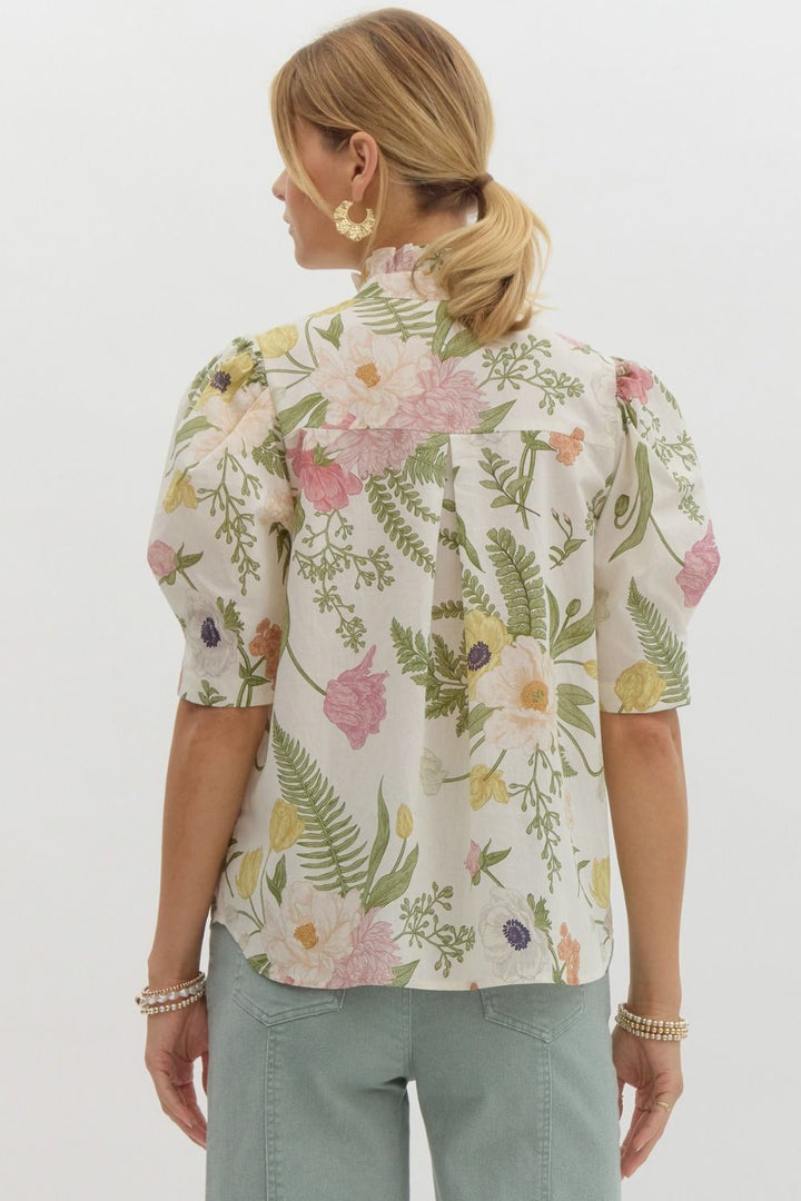 Floral Ruffle Neck Button Front Top - Lush Lemon - Women's Clothing - Entro - 26978871016541