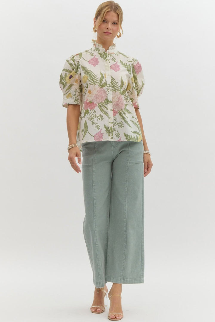 Floral Ruffle Neck Button Front Top - Lush Lemon - Women's Clothing - Entro - 26978871016541