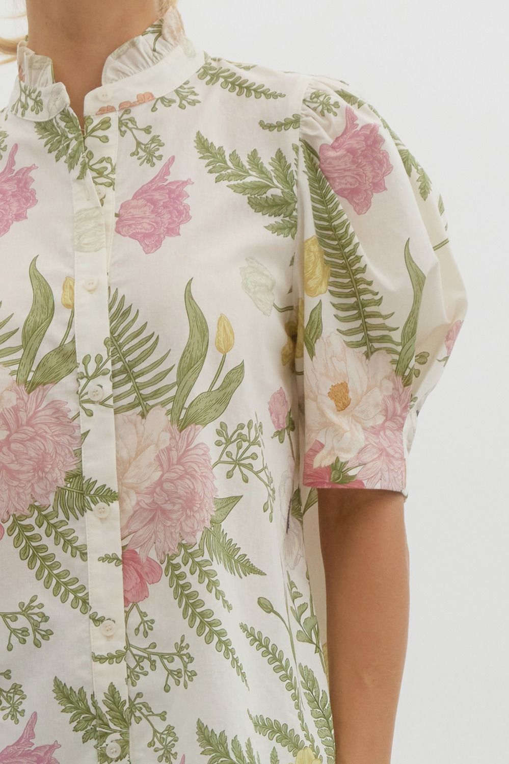 Floral Ruffle Neck Button Front Top - Lush Lemon - Women's Clothing - Entro - 26978871016541