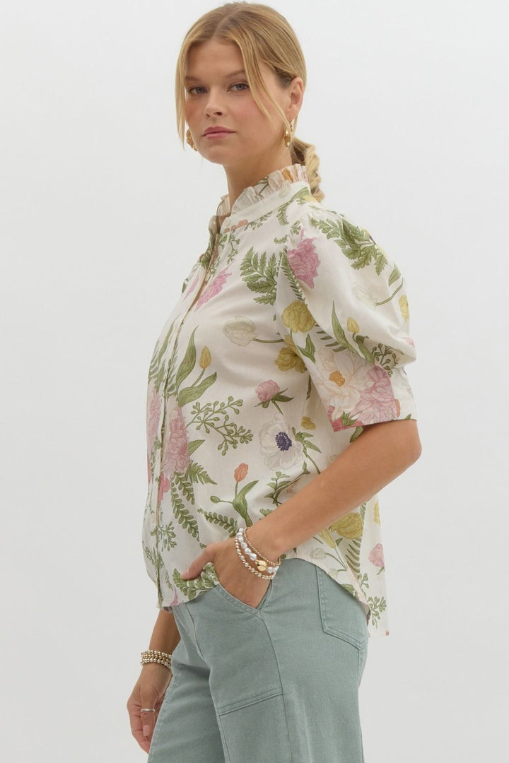 Floral Ruffle Neck Button Front Top - Lush Lemon - Women's Clothing - Entro - 26978871016541