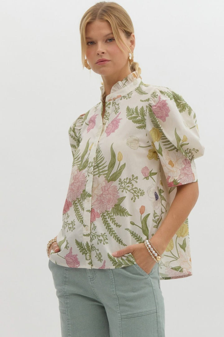 Floral Ruffle Neck Button Front Top - Lush Lemon - Women's Clothing - Entro - 26978871016541