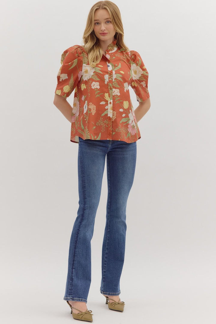 Floral Ruffle Neck Button Front Top - Lush Lemon - Women's Clothing - Entro - 36978871314845