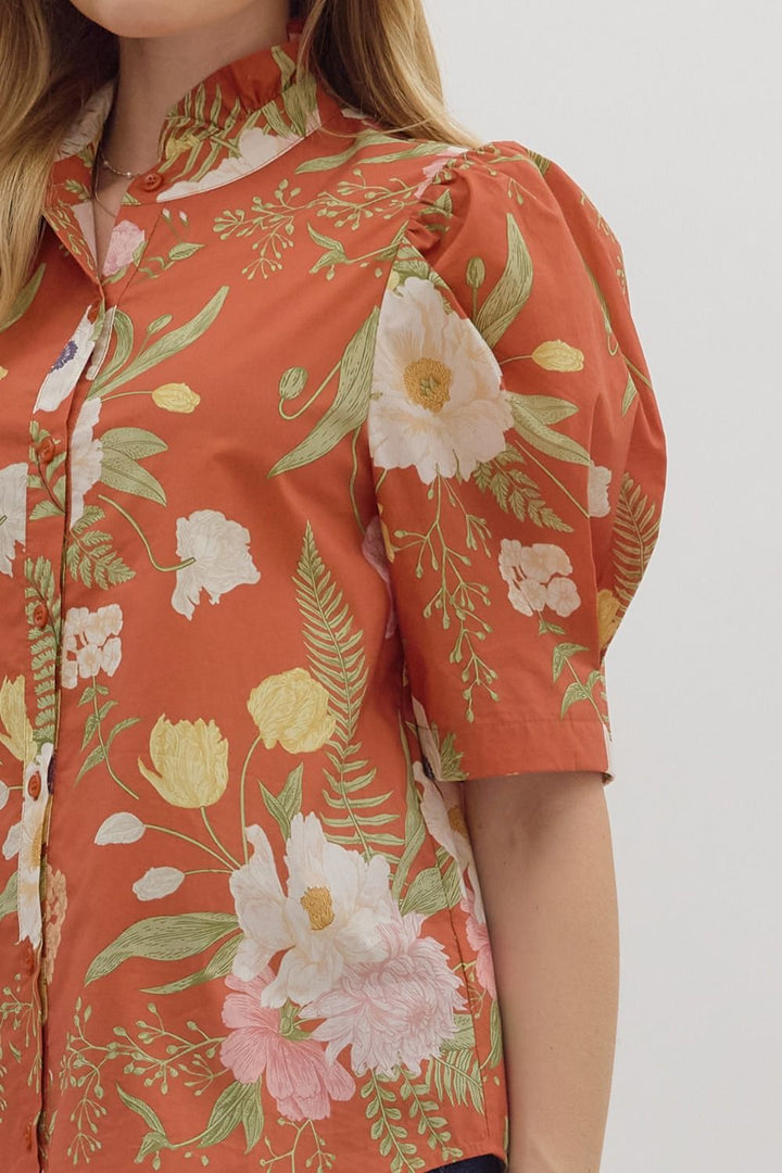 Floral Ruffle Neck Button Front Top - Lush Lemon - Women's Clothing - Entro - 36978871314845