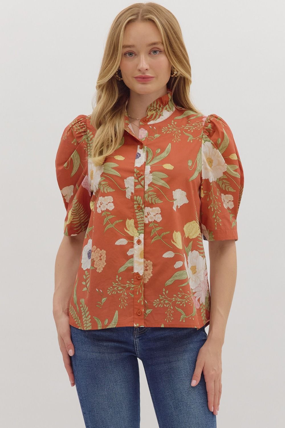 Floral Ruffle Neck Button Front Top - Lush Lemon - Women's Clothing - Entro - 36978871314845