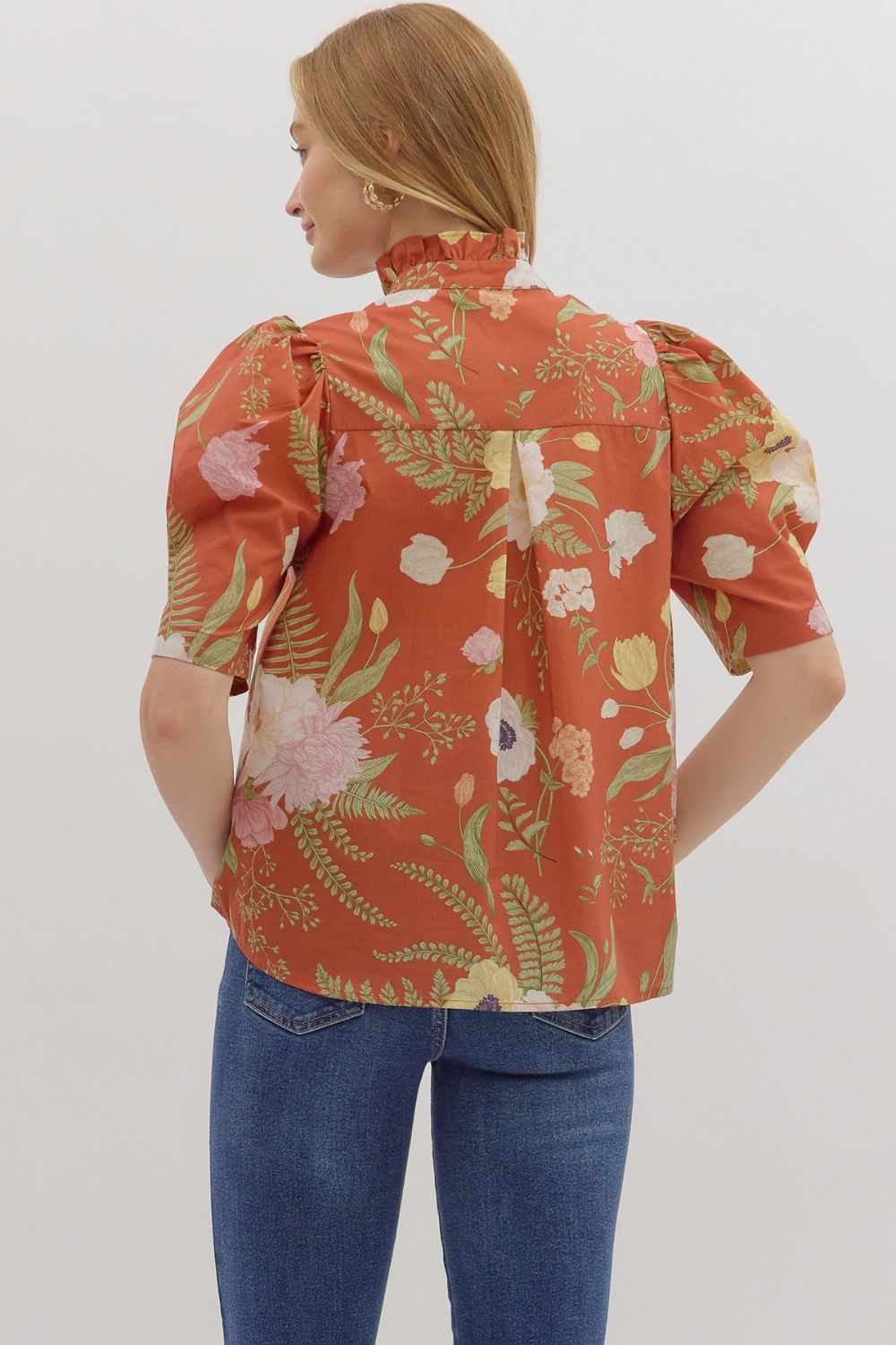 Floral Ruffle Neck Button Front Top - Lush Lemon - Women's Clothing - Entro - 36978871314845