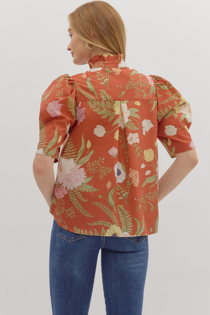 Floral Ruffle Neck Button Front Top - Lush Lemon - Women's Clothing - Entro - 36978871314845