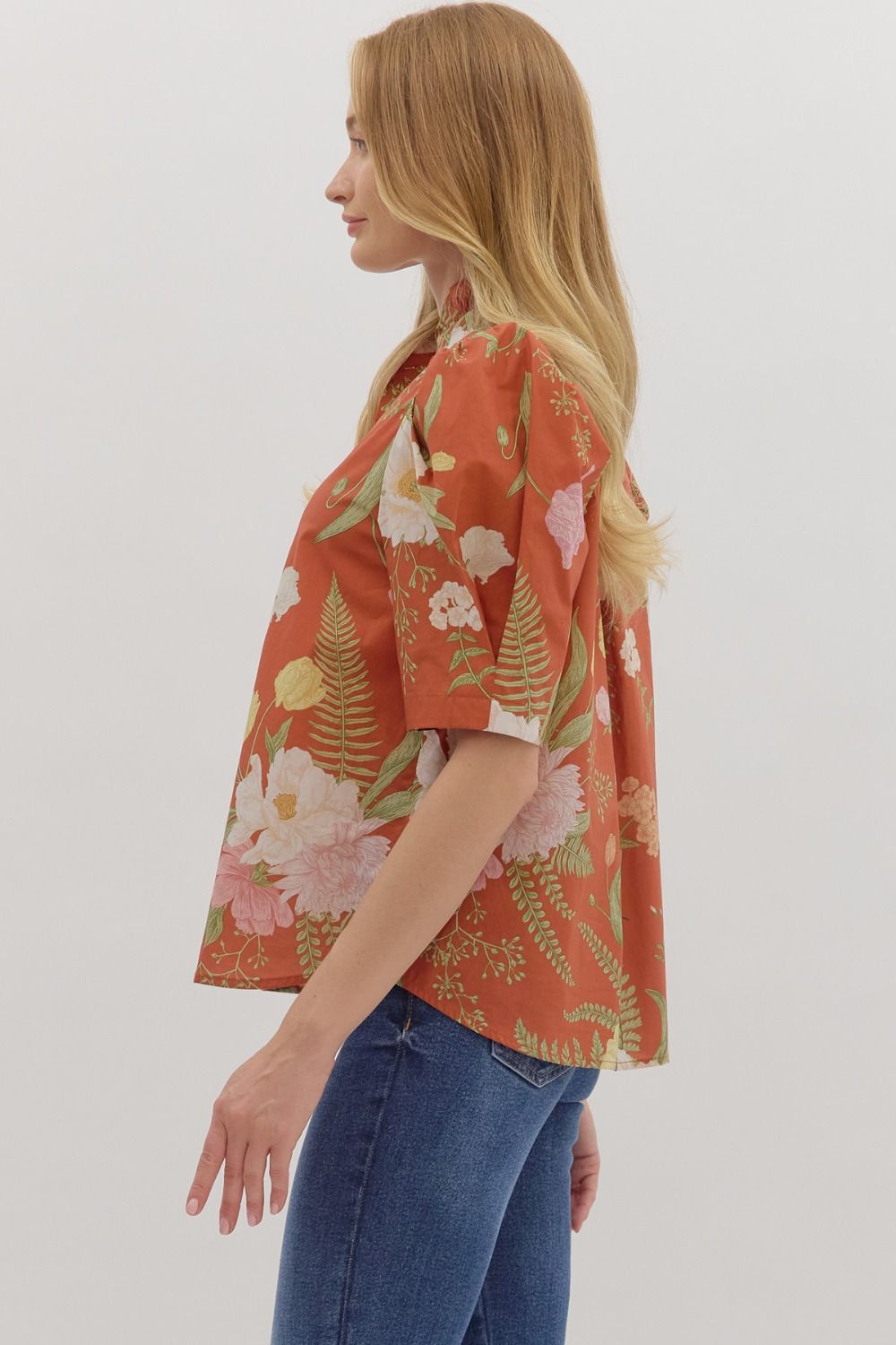 Floral Ruffle Neck Button Front Top - Lush Lemon - Women's Clothing - Entro - 36978871314845