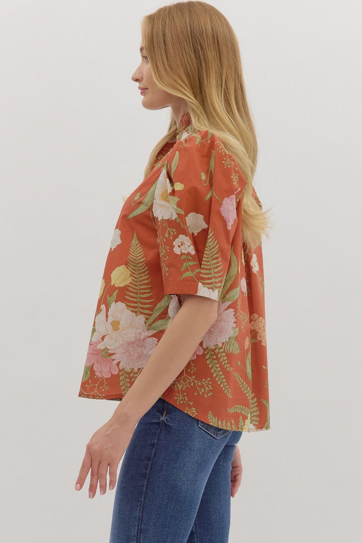 Floral Ruffle Neck Button Front Top - Lush Lemon - Women's Clothing - Entro - 36978871314845